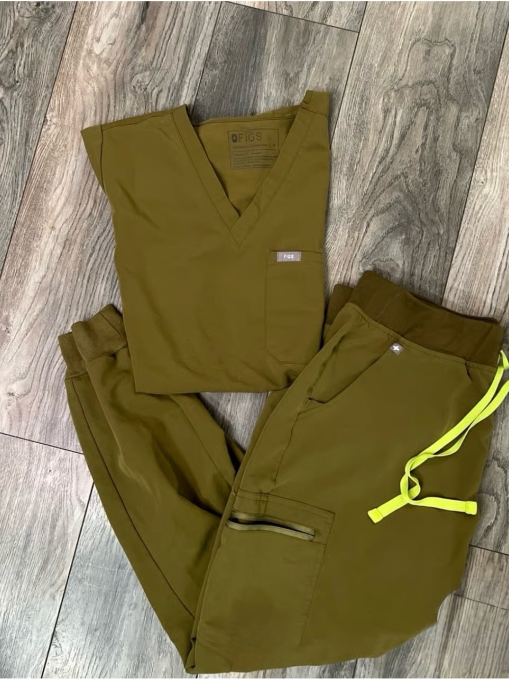Figs Olive Green with Lime Jogger Scrub Top and Pants